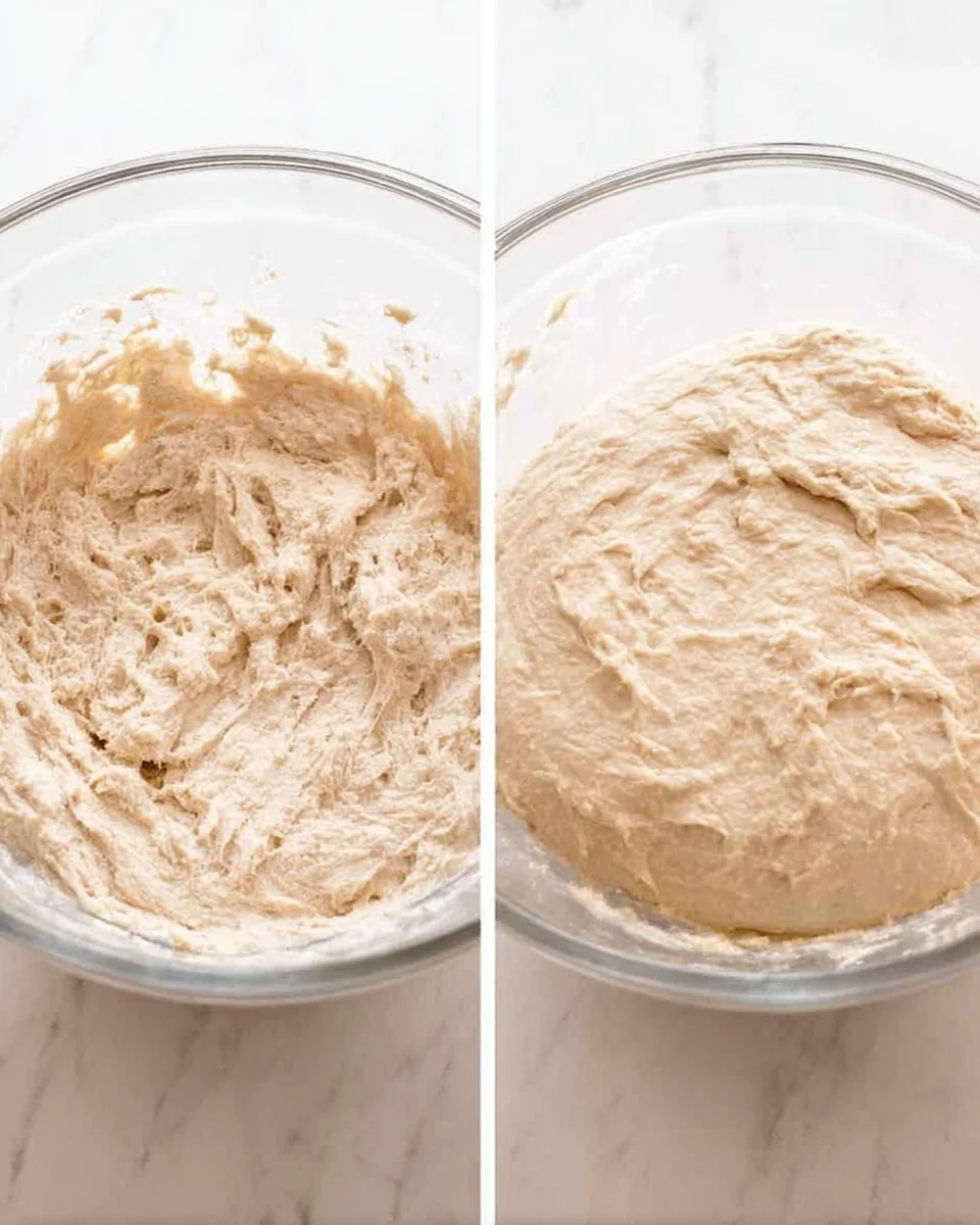 Before and after dough rising for no knead bread - crusty artisan style