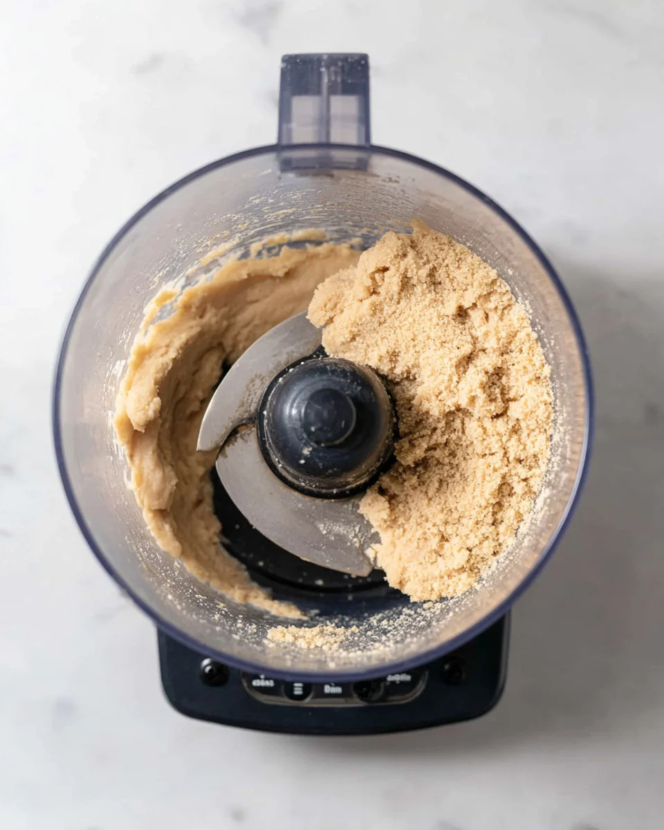 Pecan snowball cookie dough in the bowl of a food processor