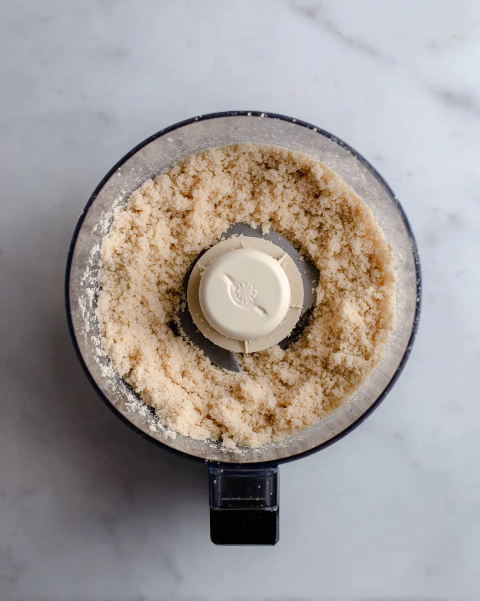 Flour processed with the powdered sugar and butter until it resembles small peas