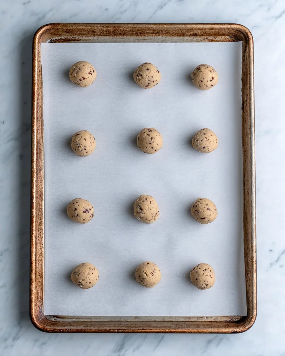 12 unbaked cookies on a half baking sheet lined with parchment paper