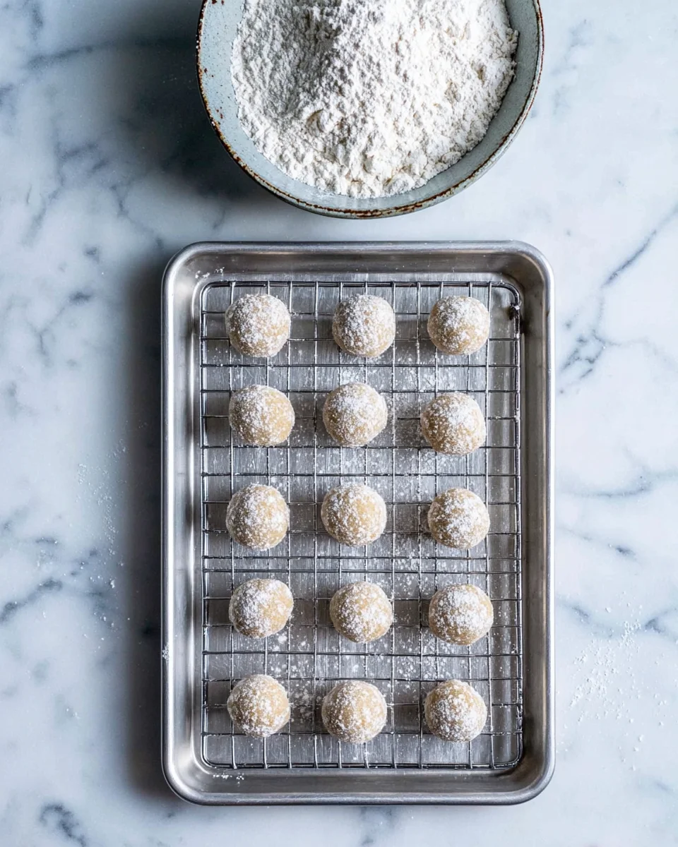 Pecan snowball cookies rolled in powdered sugar and placed on a wire rack. There is a bowl of powder sugar next to the rack.