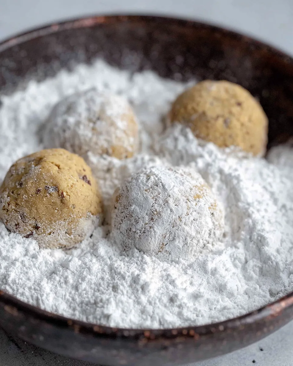 Pecan snowvball cookies in a bowl of powdered sugar