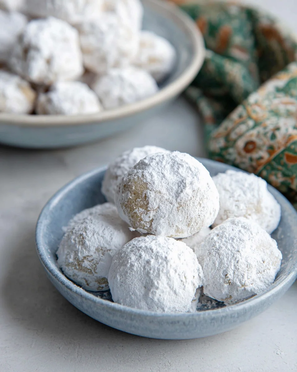 Pecan snowball cookies on a plate with a bowl of powdered sugar behind it.