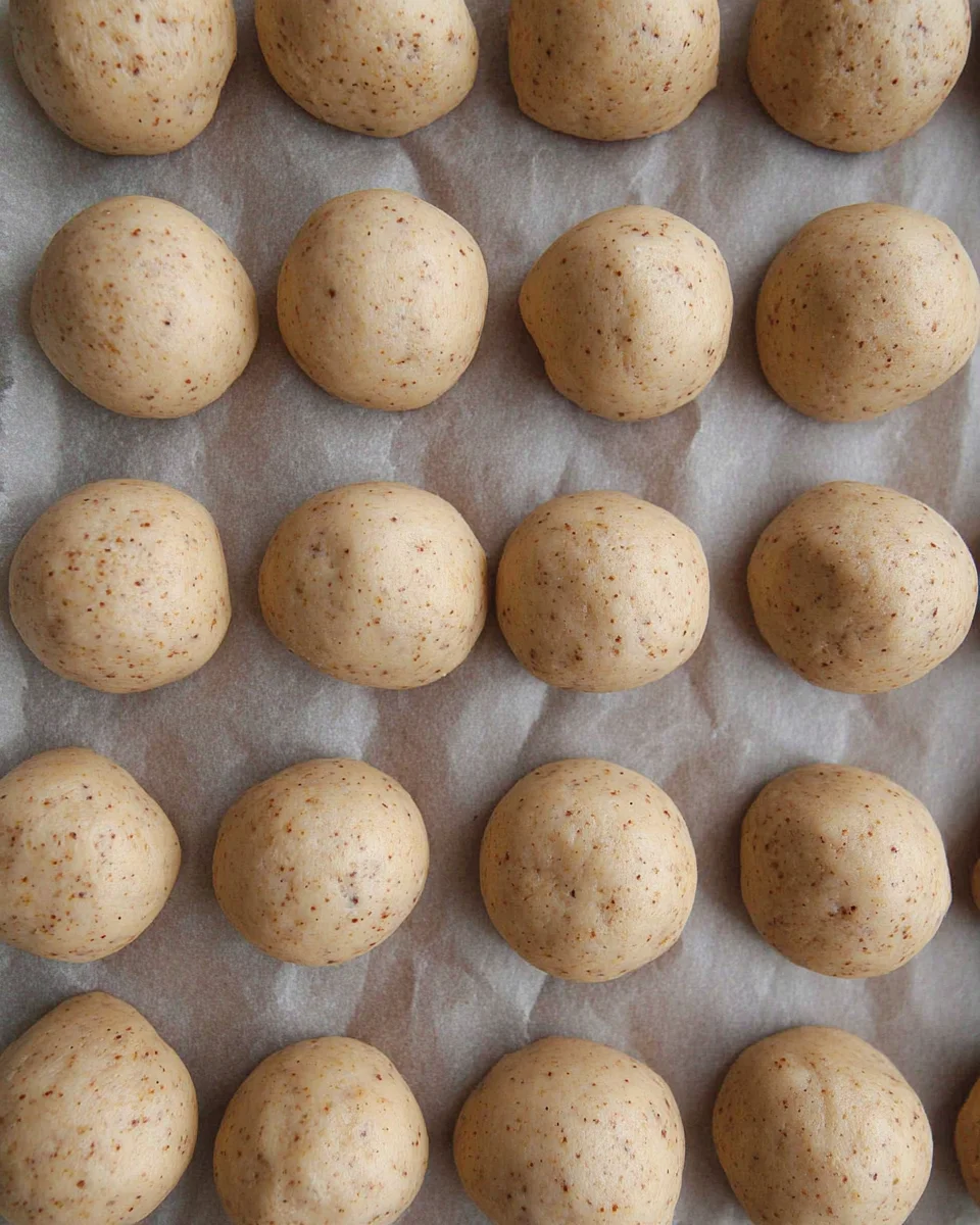 Pecan snowball cookie dough formed into balls of dough and placed on a baking sheet lined with parchment paper