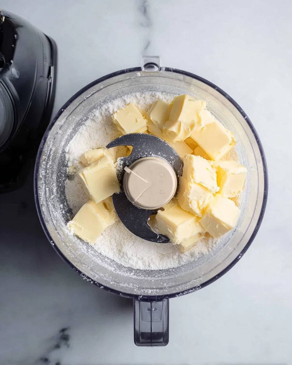 Powdered sugar and butter in the bowl of a food processor