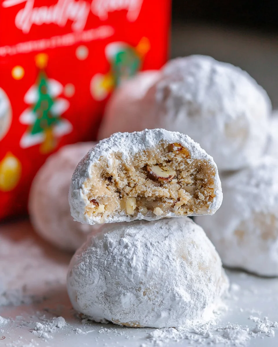 Four pecan snowball cookies arranged on a flat surface with one cookie on top of the others with a bite taken out of it.  There is a red tin full of cookies behind the cookies
