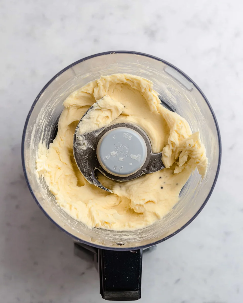 Powdered sugar and butter processed in a food processor.  The butter-sugar mixture looks creamy and smooth