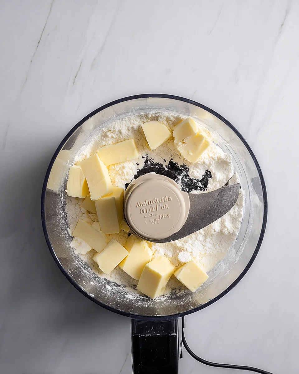 Powdered sugar and butter in the bowl of a food processor