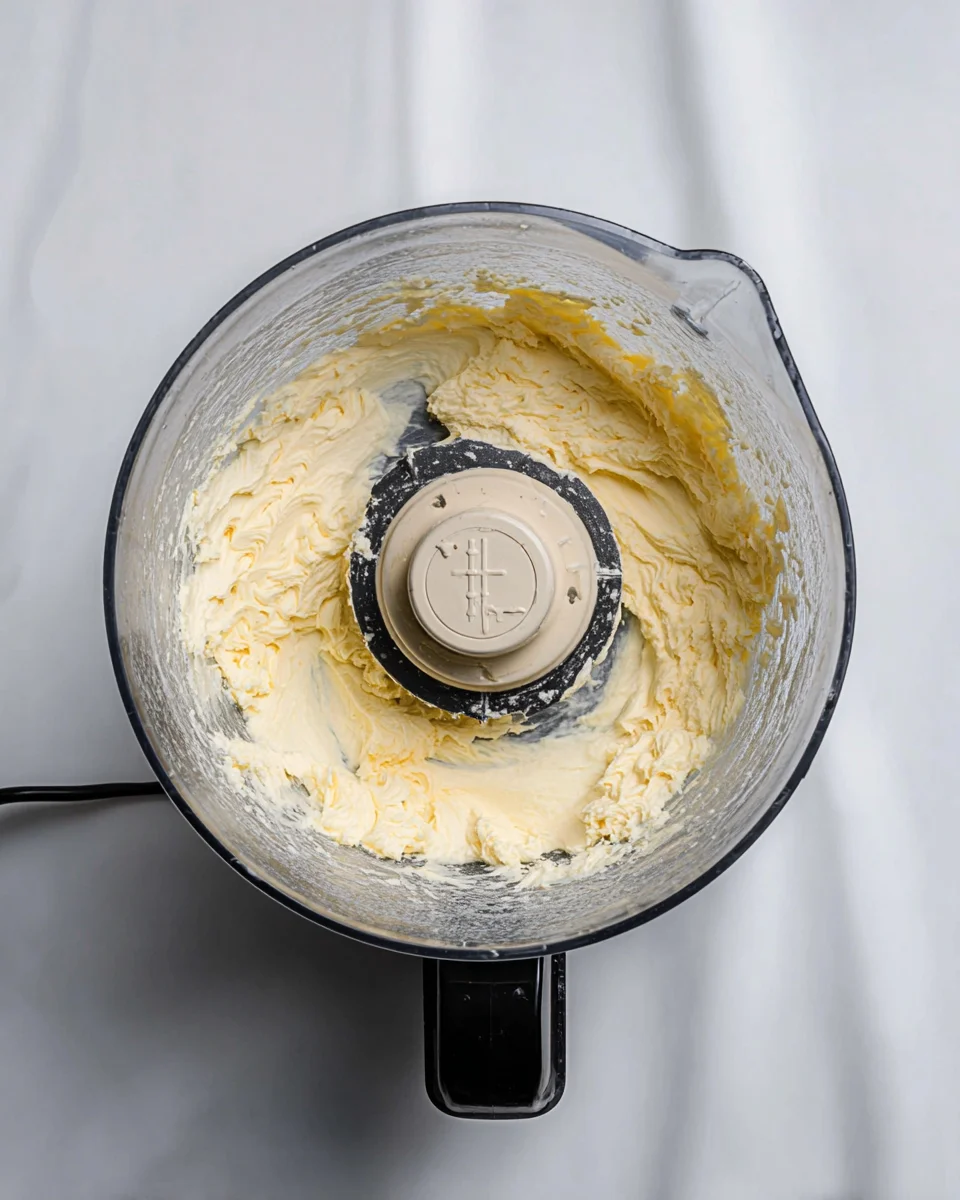 Powdered sugar and butter processed in a food processor. The butter-sugar mixture looks creamy and smooth