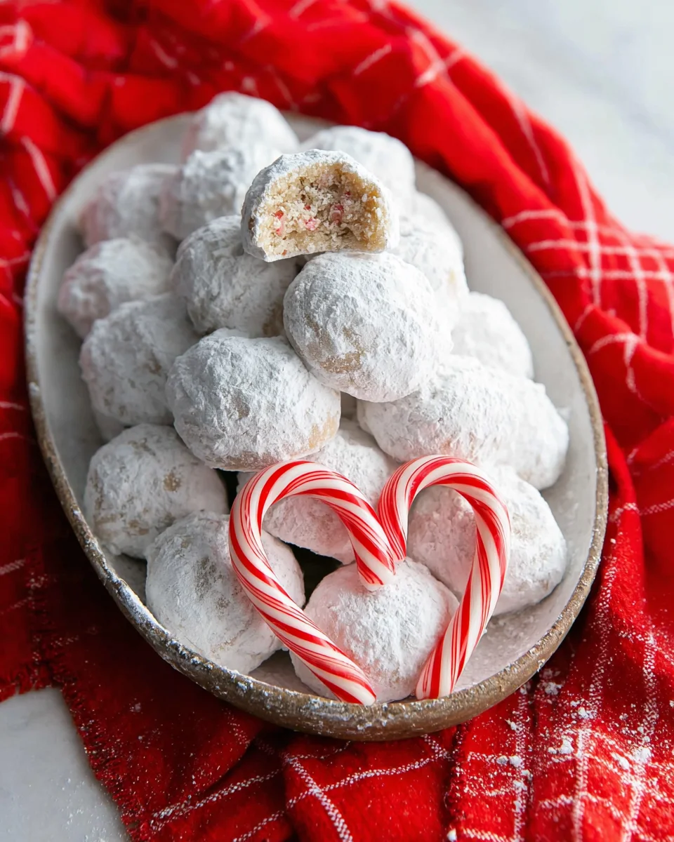 Peppermint snowball cookies on a small platter.  Two mini candy canes are arranged in a heart shape.