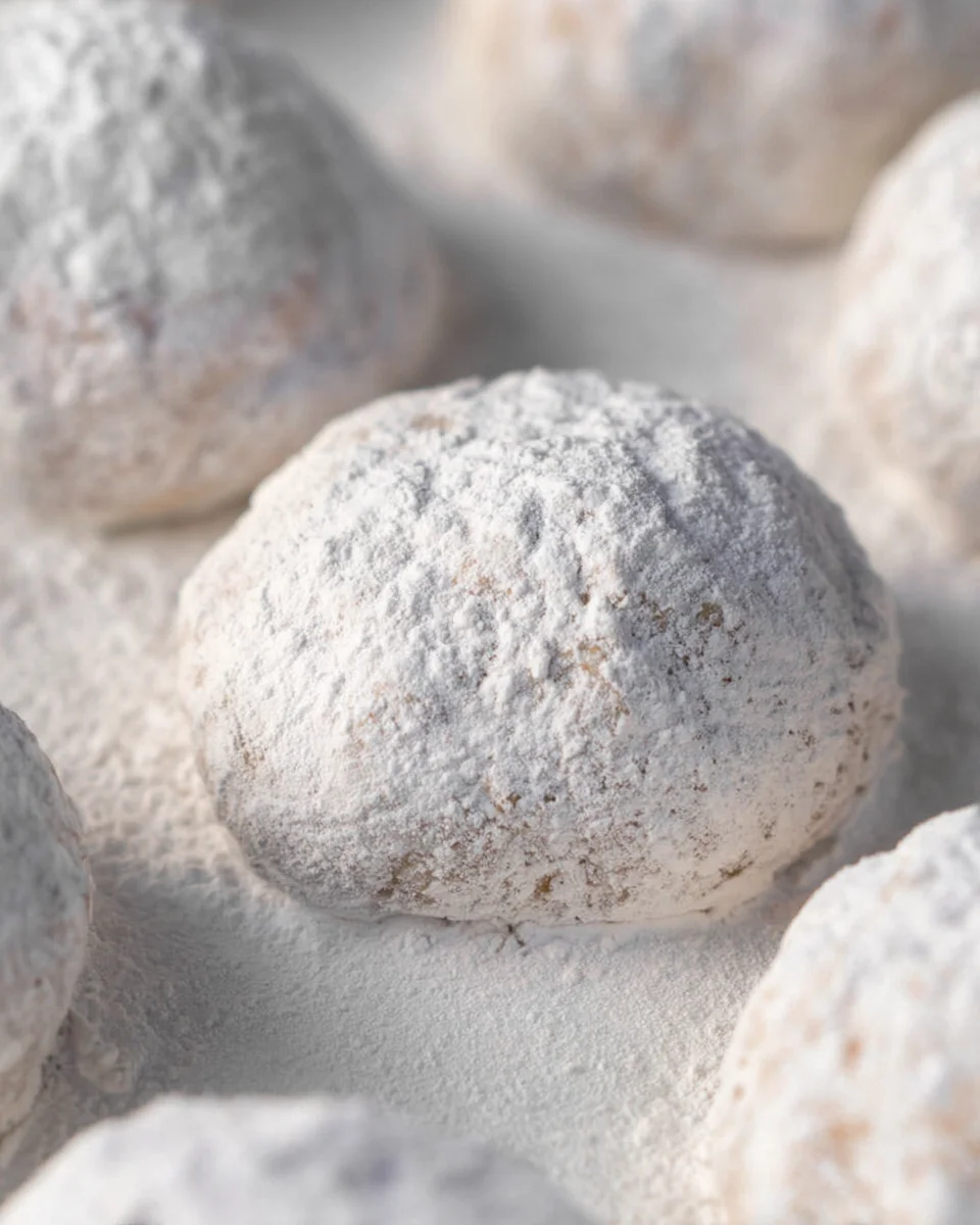 Peppermint snowball cookies arranged on a white flat surface.  The center snowball cookie has a bite take out of it.