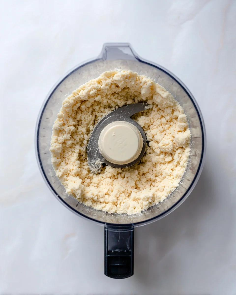 Flour processed with the powdered sugar and butter until it resembles small peas