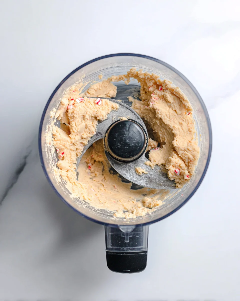 Peppermint snowball cookie dough in the bowl of a food processor