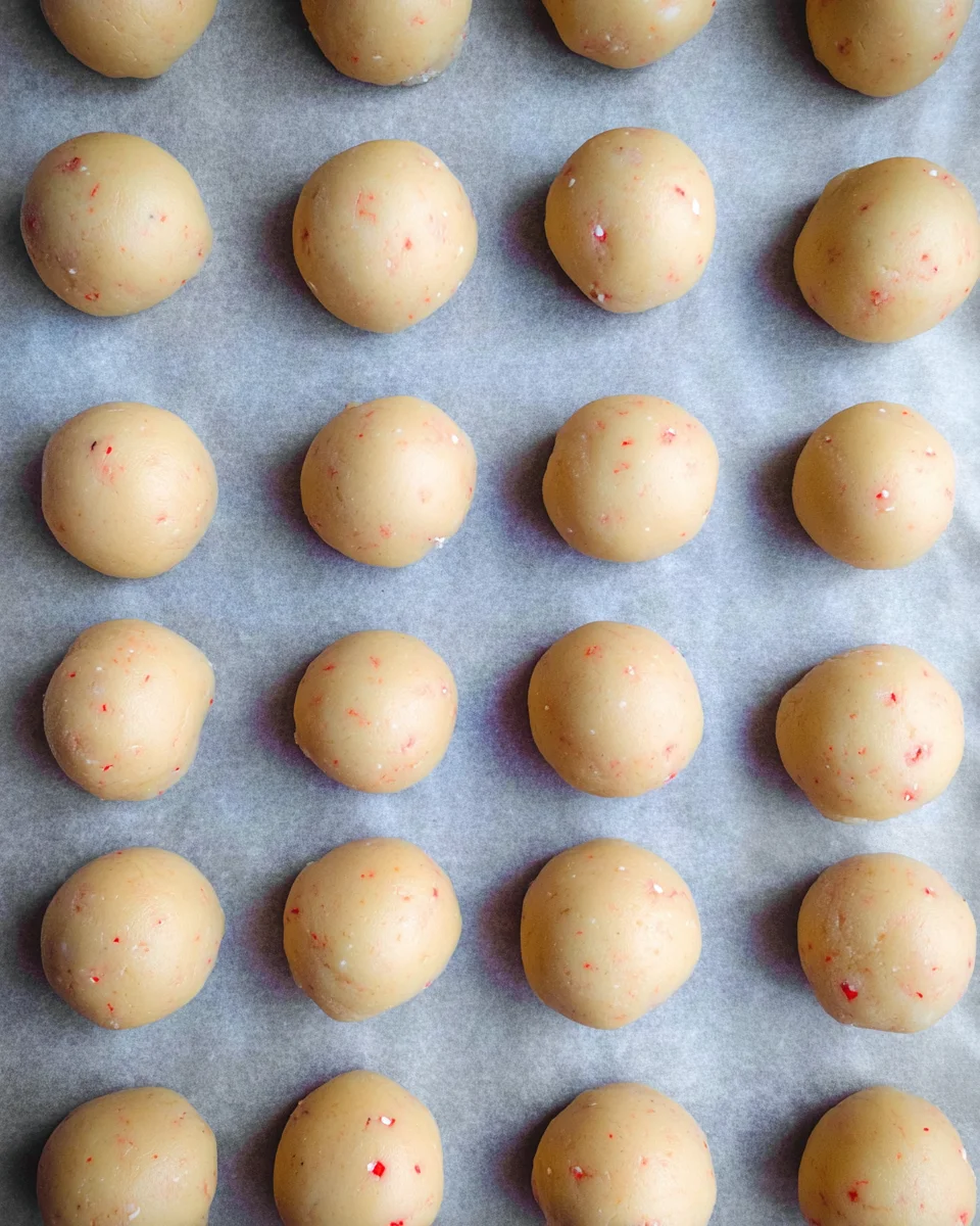 Peppermint snowball cookie dough formed into balls of dough and placed on a baking sheet lined with parchment paper