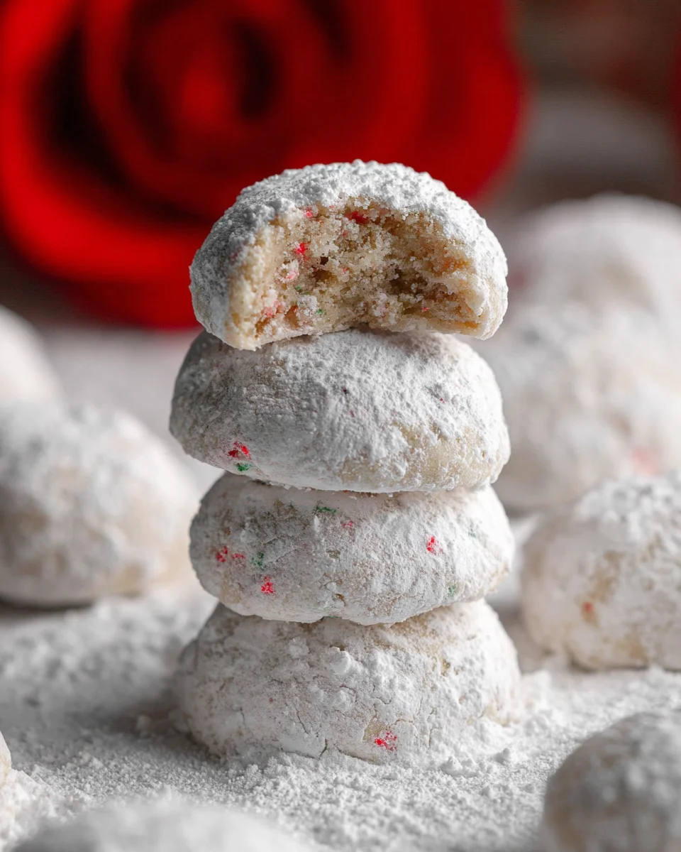 A stack of 4 peppermint snowball cookies stacked one on top of th other