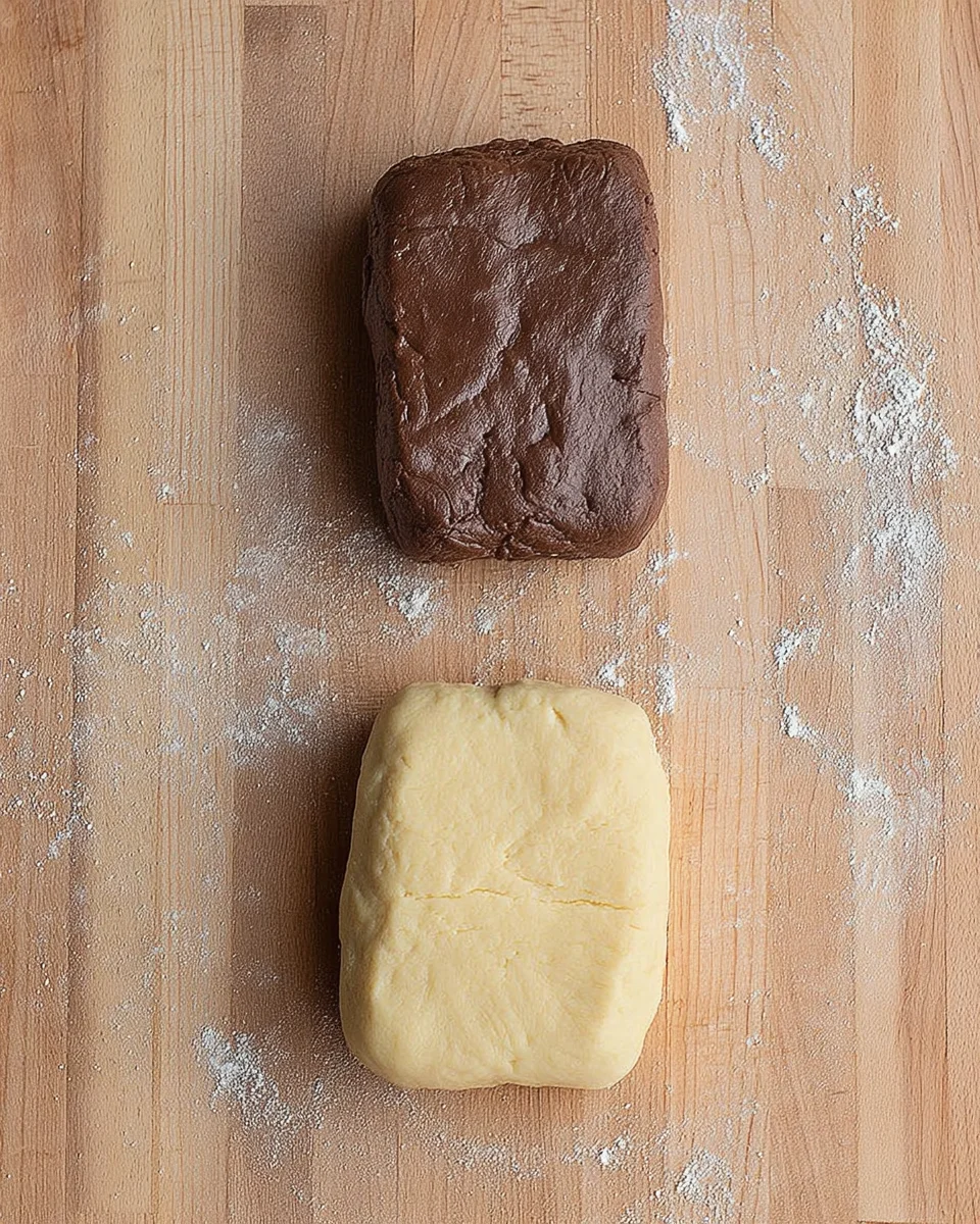 Two pieces of cookie dough each shaped like a rectangle.  One is vanilla the other is chocolate.  They're both the same size