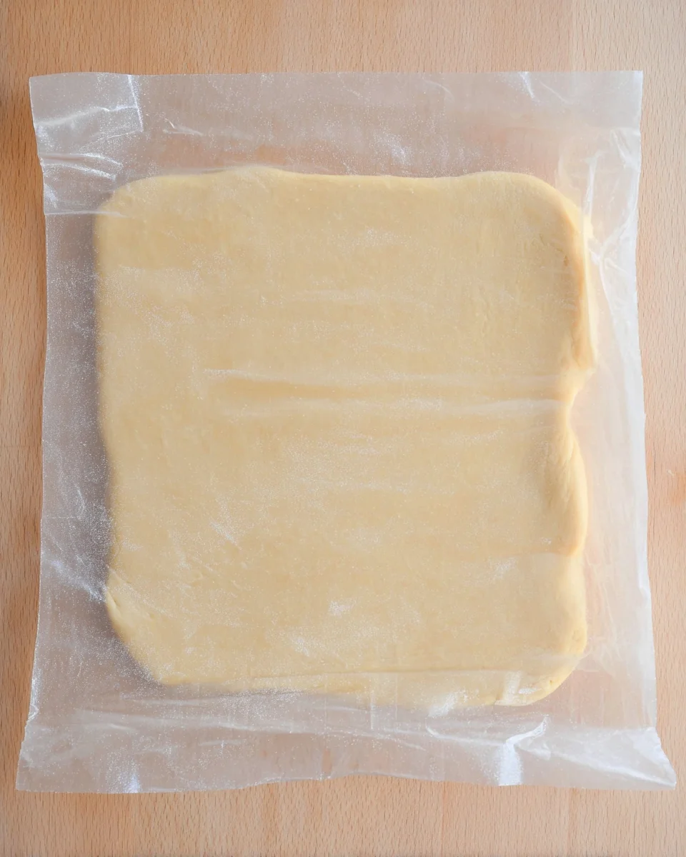 The vanilla pinwheel cookie dough is rolled into a square between two pieces of wax paper