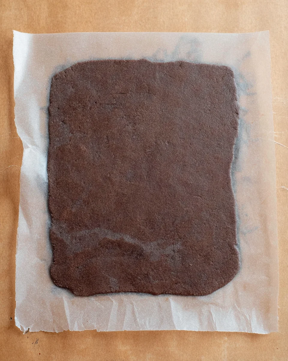 The chocolate pinwheel cookie dough is rolled into a square between two pieces of wax paper