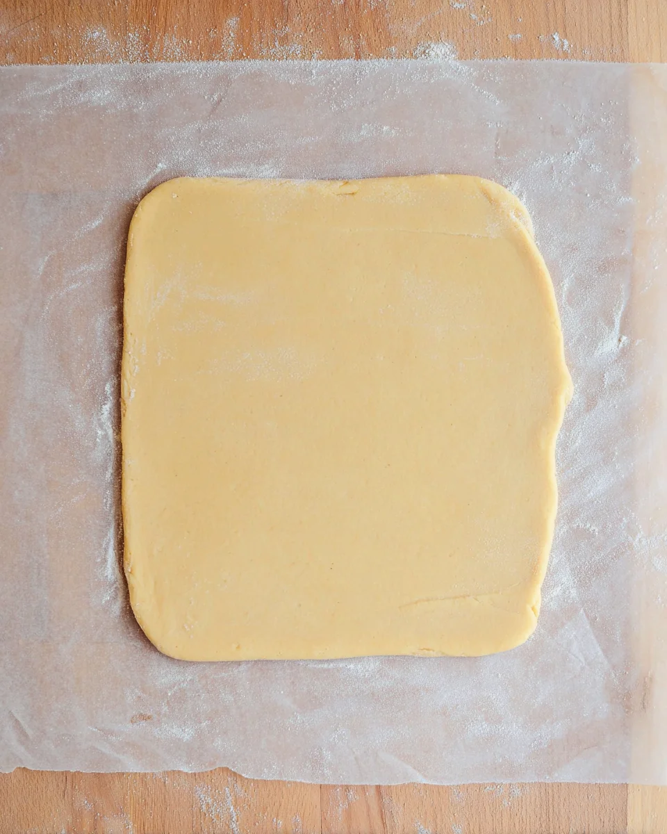 The vanilla pinwheel cookie dough on a piece of wax paper