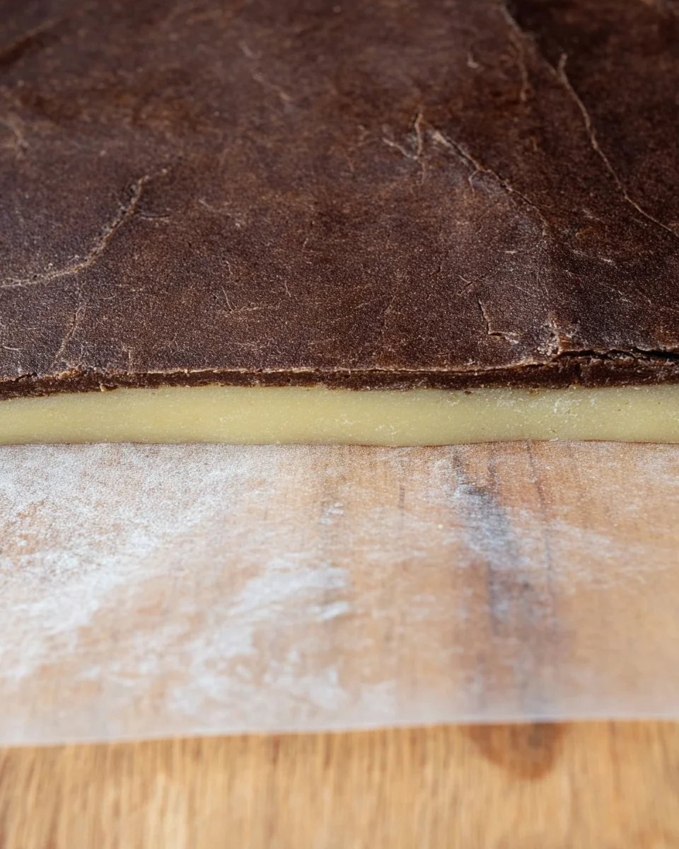 The chocolate and vanilla pinwheel cookie doughs pressed together