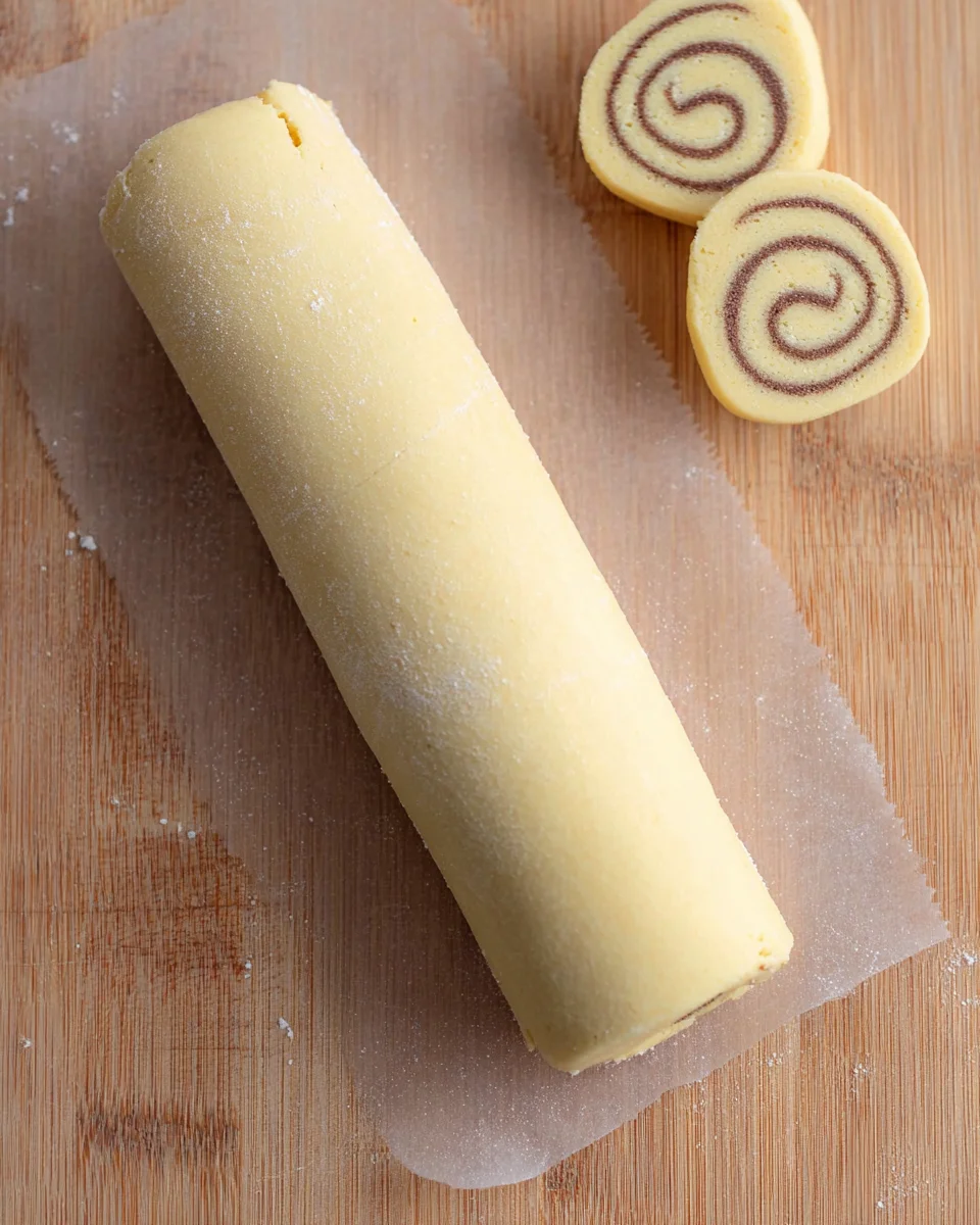 The pinwheel cookie dough rolled into a log with the ends cut off