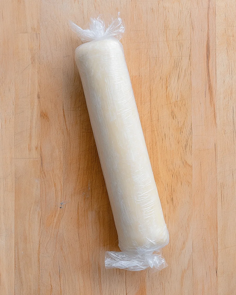 The pinwheel cookie dough log wrapped in wax paper