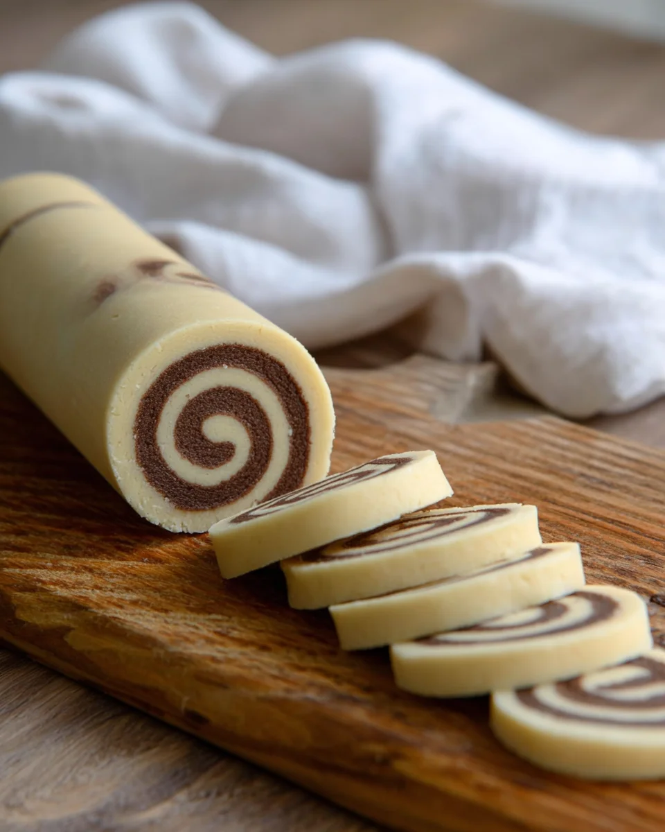 The pinwheel cookie dough log sliced into 1/4-inch thick rounds.  You can clearly see the swirls of vanilla and chocolate dough