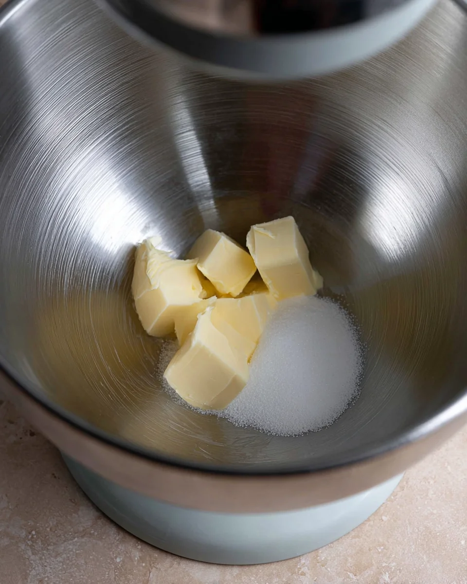 Butter and sugar in the bowl of a stand mixer.