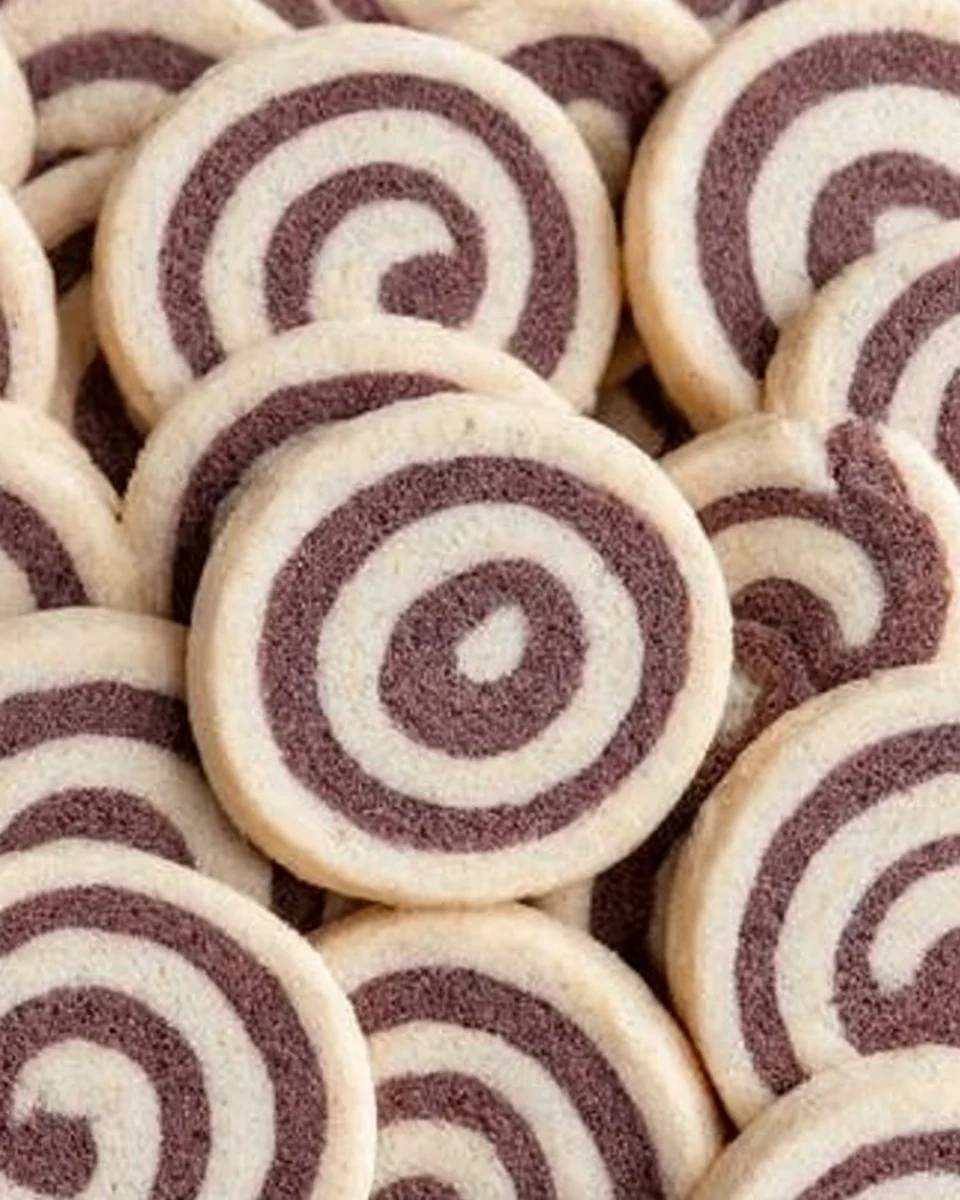 Chocolate and vanilla pinwheel cookies in a pile on the table