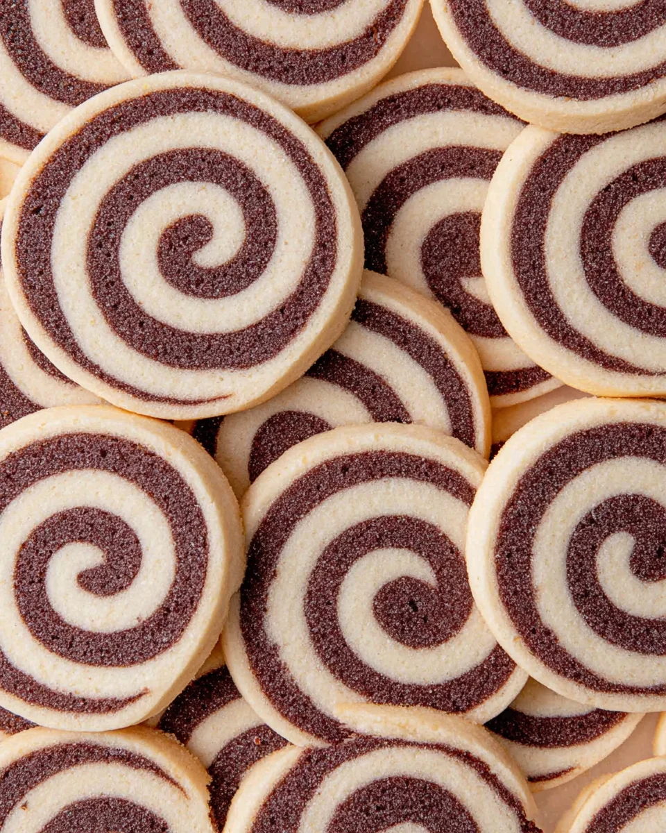 Chocolate and vanilla pinwheel cookies in a pile on the table