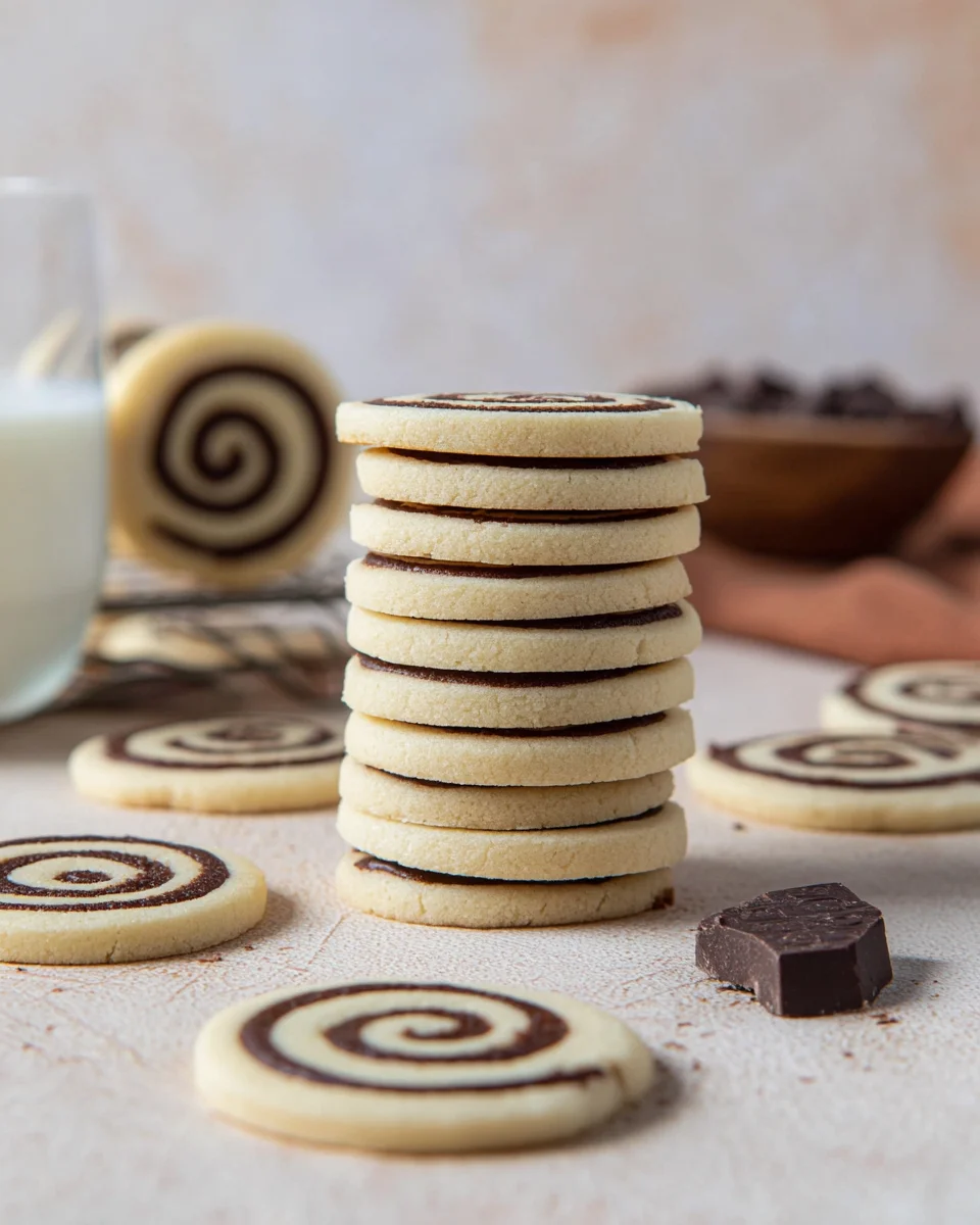 A large stack of pinwheel cookies, with a smaller stack behind it