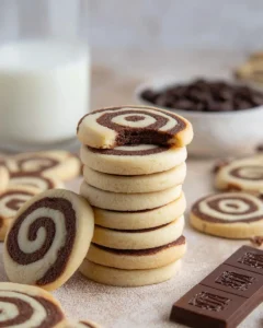 A large stack of pinwheel cookies, with a smaller stack behind it