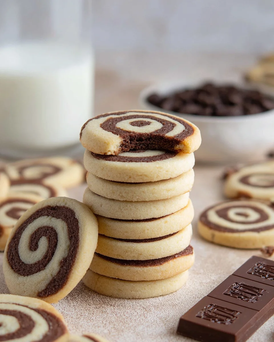 A large stack of pinwheel cookies, with a smaller stack behind it