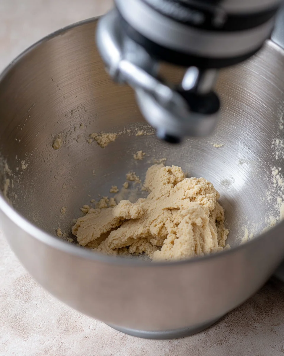 Pinwheel cookie dough in the bowl of stand mixer.