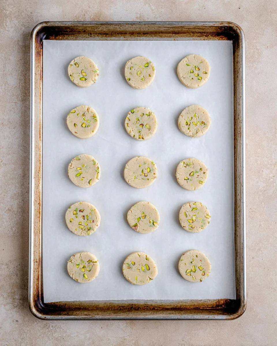 Sliced pistachio shortbread cookies on a parchment lined baking sheet