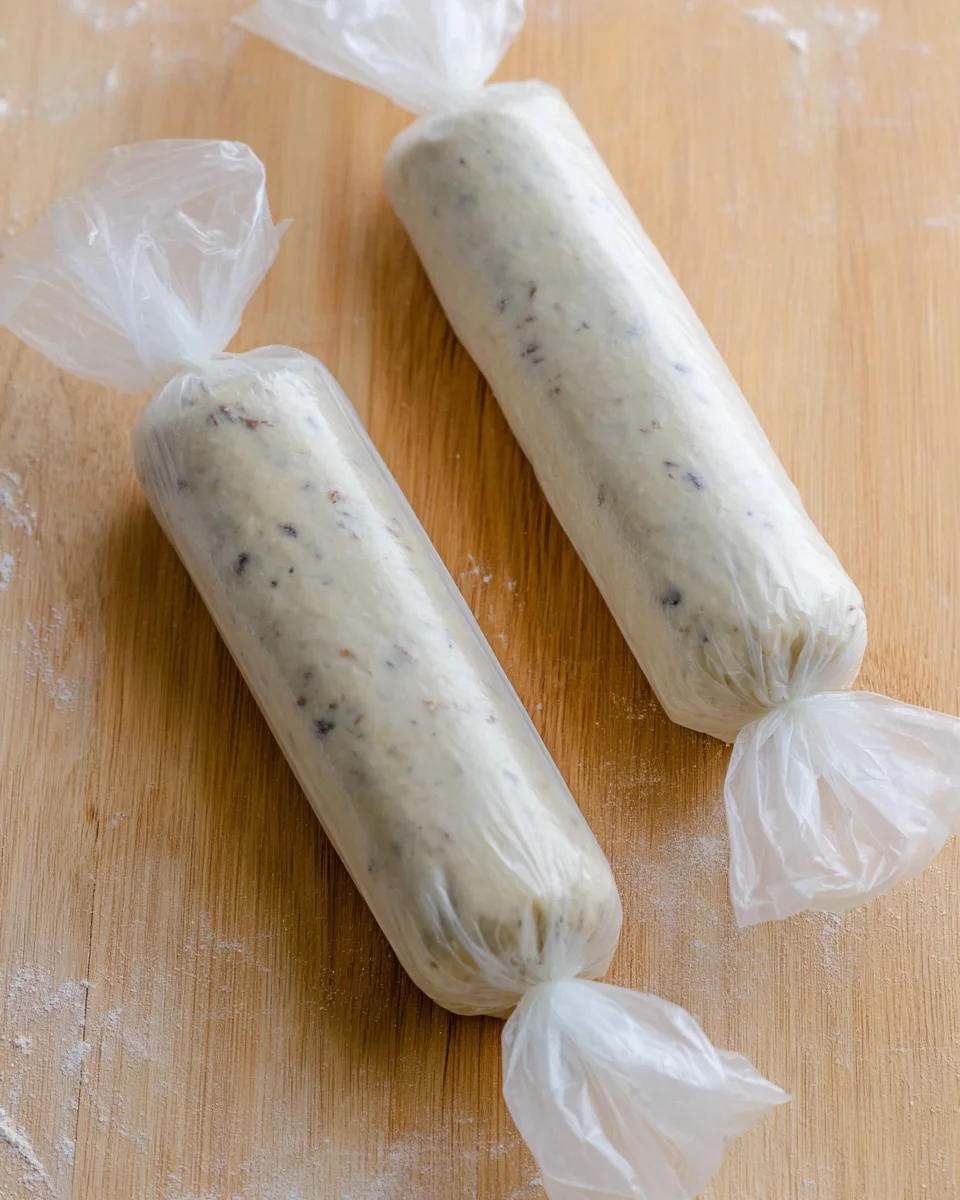 Pistachio cookie dough log rolled up in wax paper