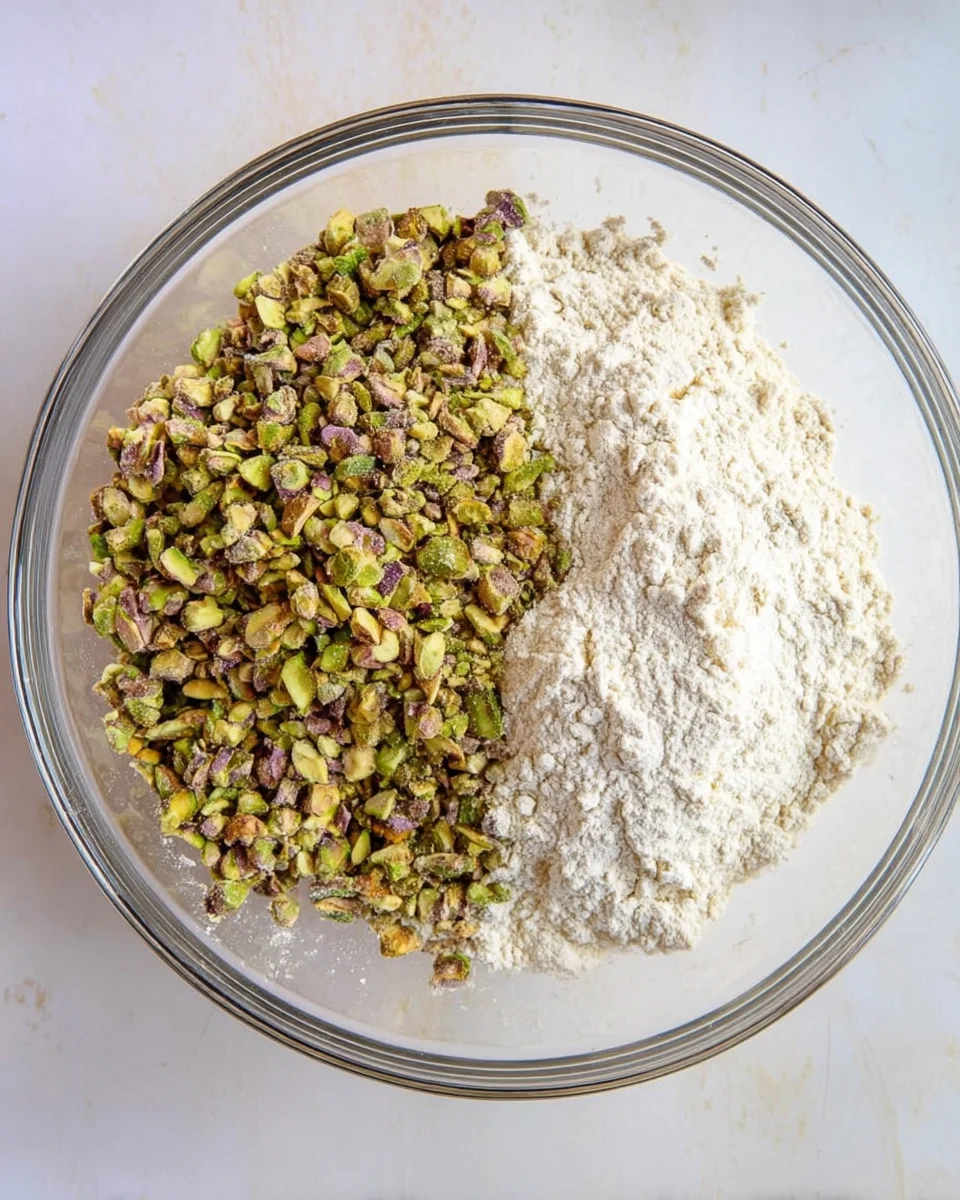 Unbleached all-purpose flour and chopped pistachios in a small bowl