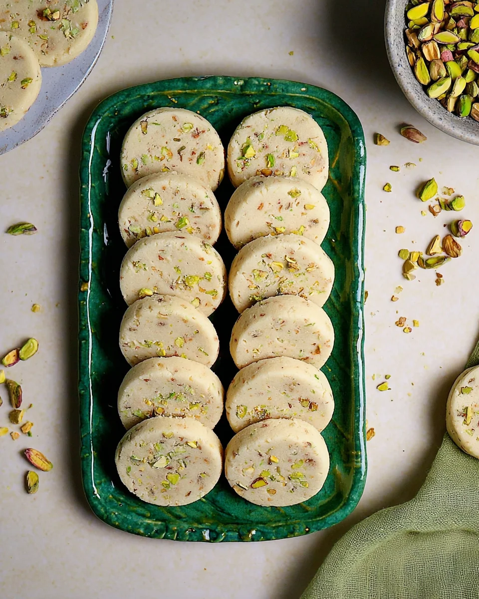 Pistachio shortbread cookies lined up in two rows on a green rectangle platter