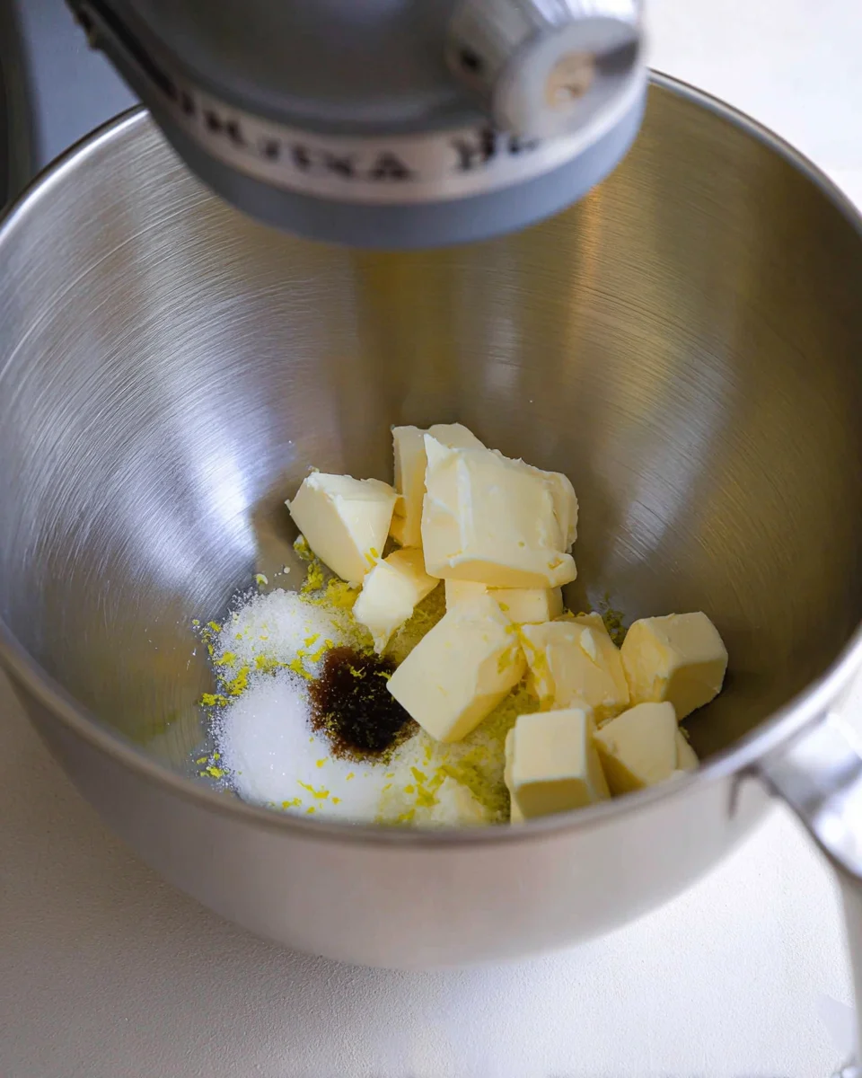 Granulated sugar, butter, lemon zest, and vanilla bean paste in the bowl of a stand mixer