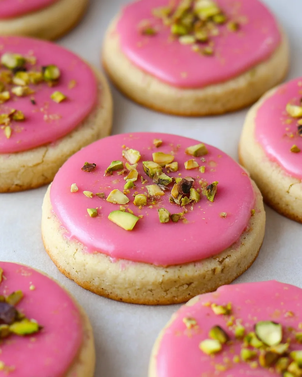 Pistachio shortbread cookies with a bright pink raspberry glaze