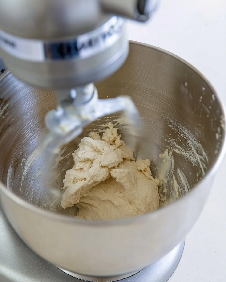 Butter, sugar, lemon zest, and vanilla bean paste creamed together in the bowl of a stand mixer