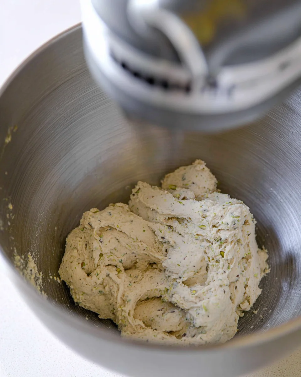 The pistachio shortbread cookie dough in the bowl of a stand mixer