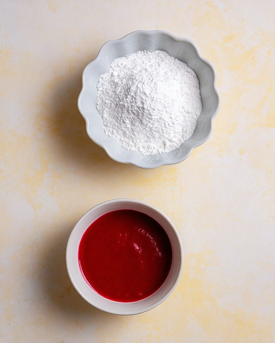 A bowl of powdered sugar and strained raspberries puree