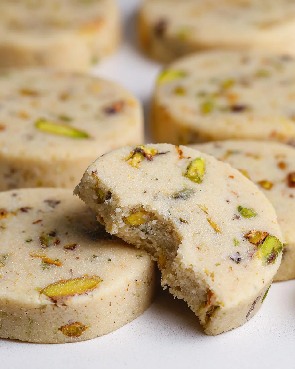 Pistachio shortbread cookies on a board