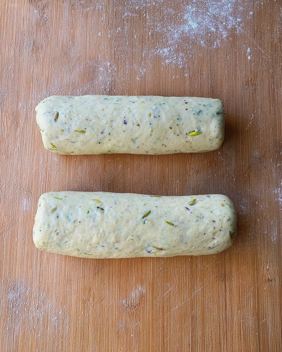Two logs of pistachio shortbread cookie dough