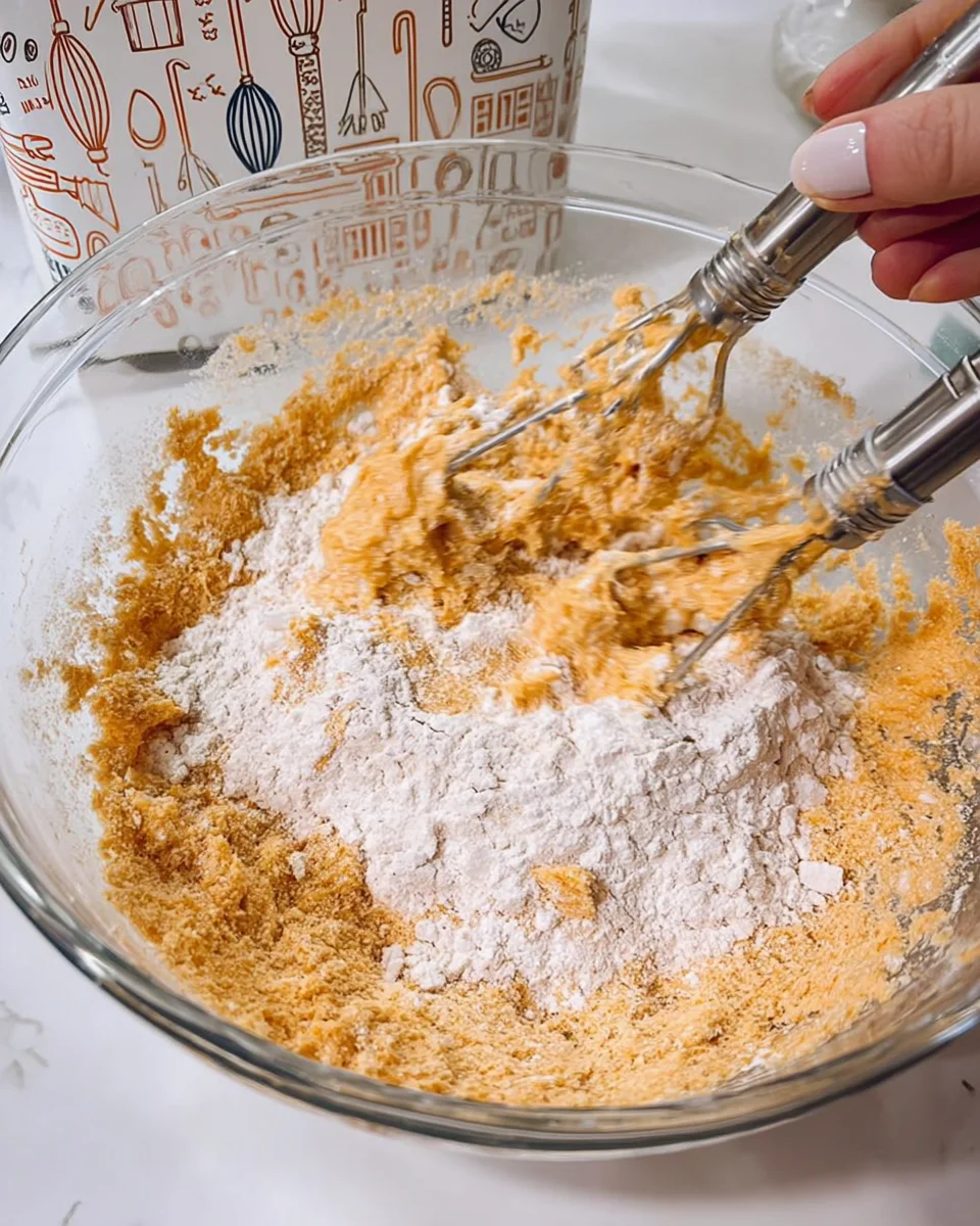 Adding dry ingredients to wet using the mixer.