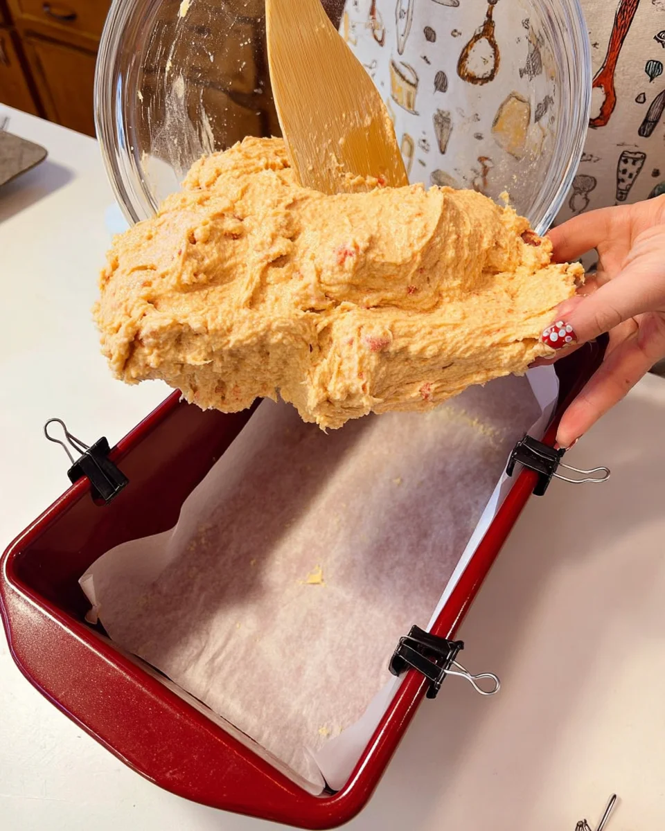 Pouring sweet potato batter into loaf pan.