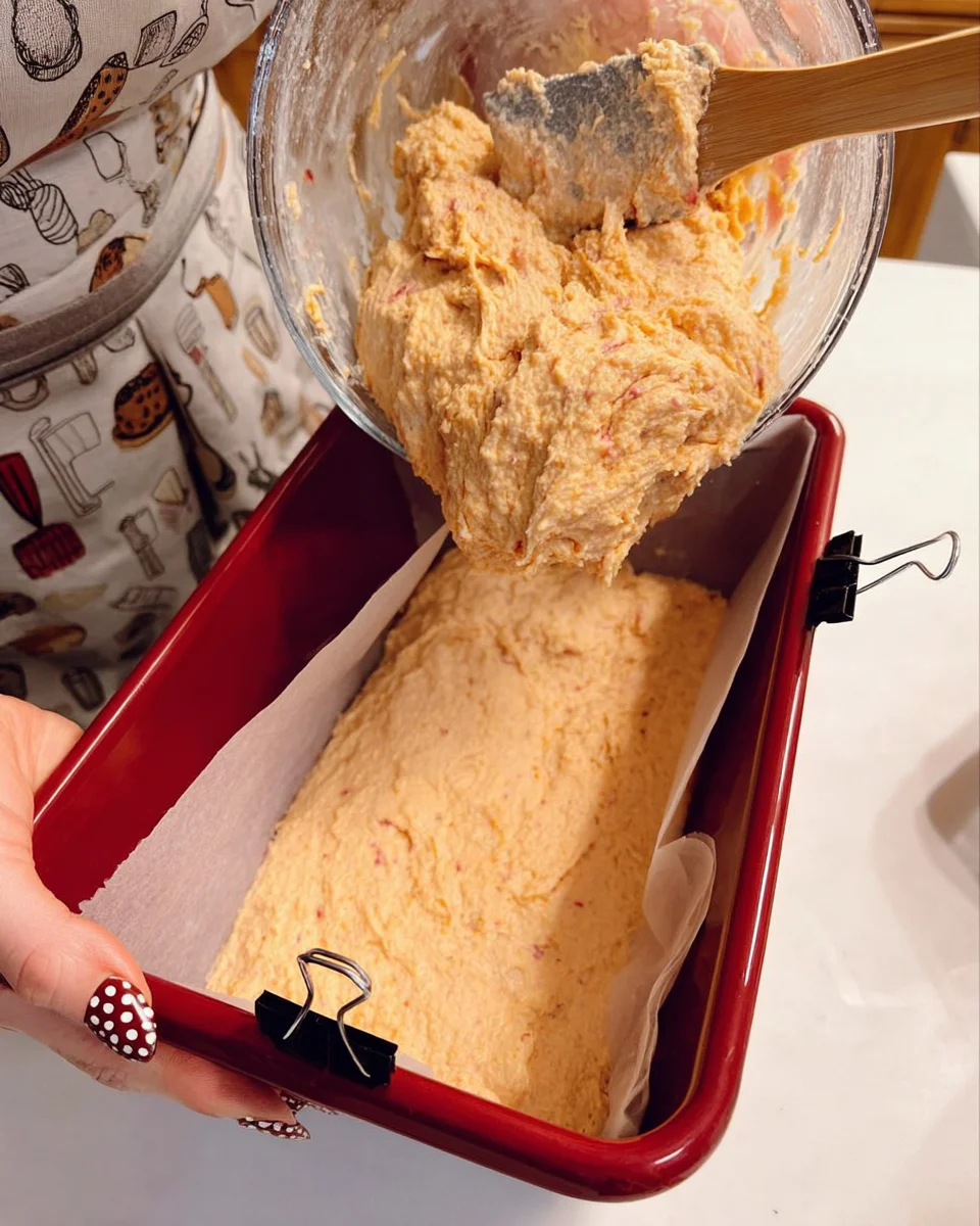 Pouring sweet potato batter into loaf pan.