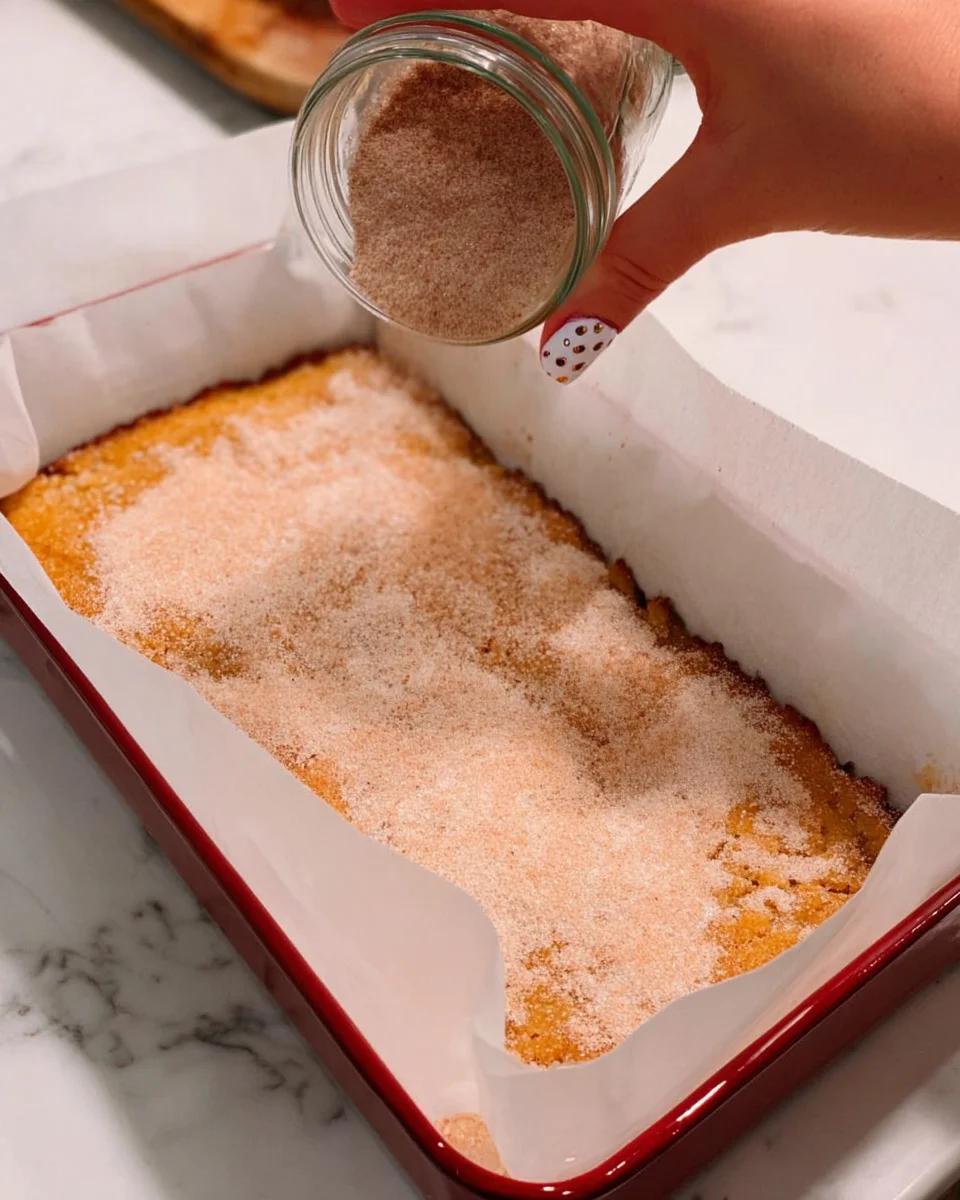 Sprinkling cinnamon sugar over sweet potato bread.