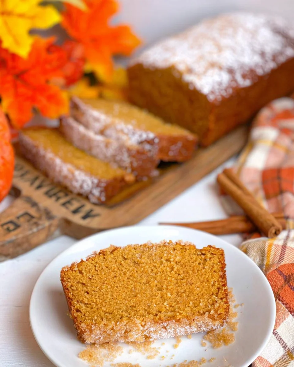 A slice of sweet potato bread on a white plate with the rest of the loaf in the background.
